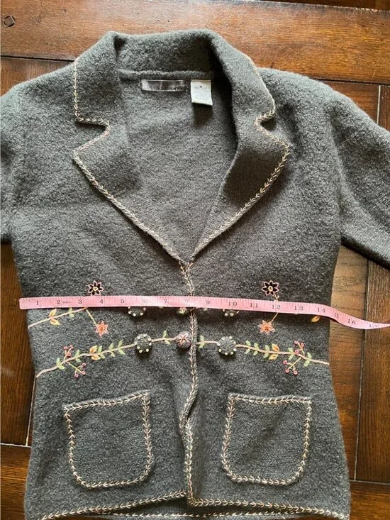 Lucidity Wool Blazer Grey Floral Embroidered Snap Button Pockets Boho Fairy S - Picture 10 of 11